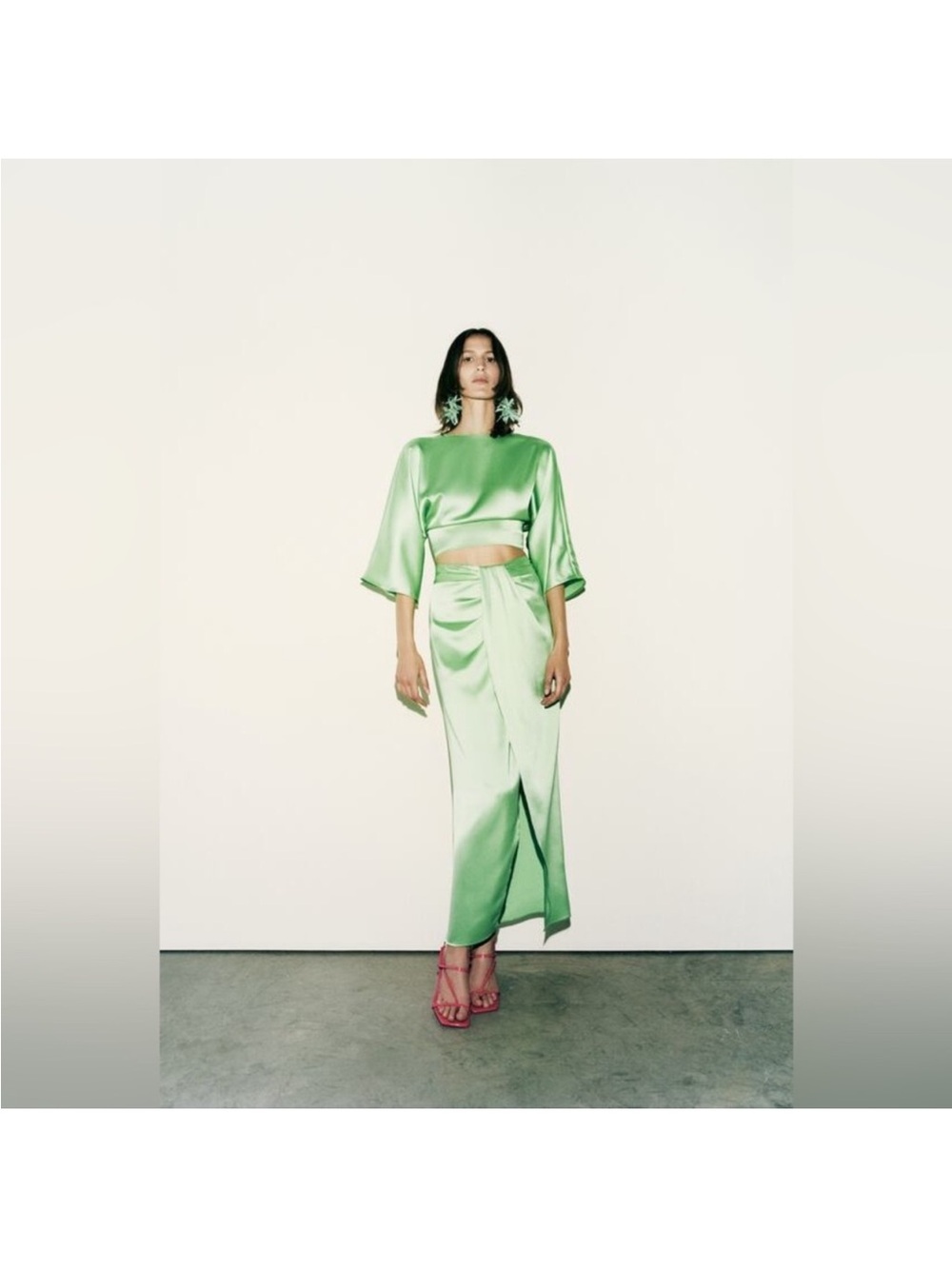 Zara Satin Crop Top & Maxi Skirt Set in Lime Green
